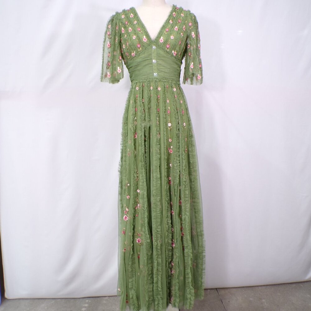 Mac Duggal Green Floral V-Neck Ruffle Detail Empire Waist Gown
